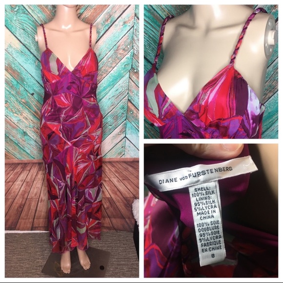 Diane Von Furstenberg Fuchsia Geometric Silk Slip Dress | Size 8 - Picture 4 of 5